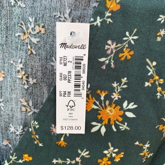 NEW Madewell Green Floral Poplin V Neck Bubble Sleeve in Fresh Sprig Mini Dress - Picture 11 of 12